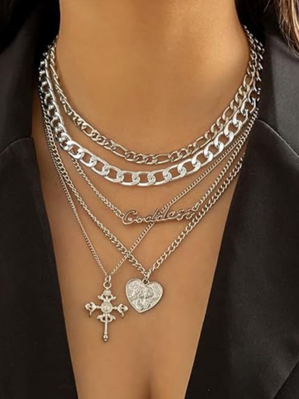 Layered Gold Necklace Stack Heart Coin Cross Paperclip Chain Set - Picture 6 of 6